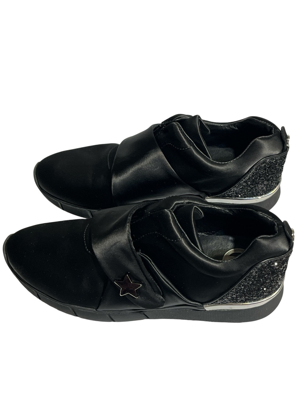 Black Satin Slip-On Wedge Sneaker w/ Crossover Velcro Strap,Glitter Heel Accent